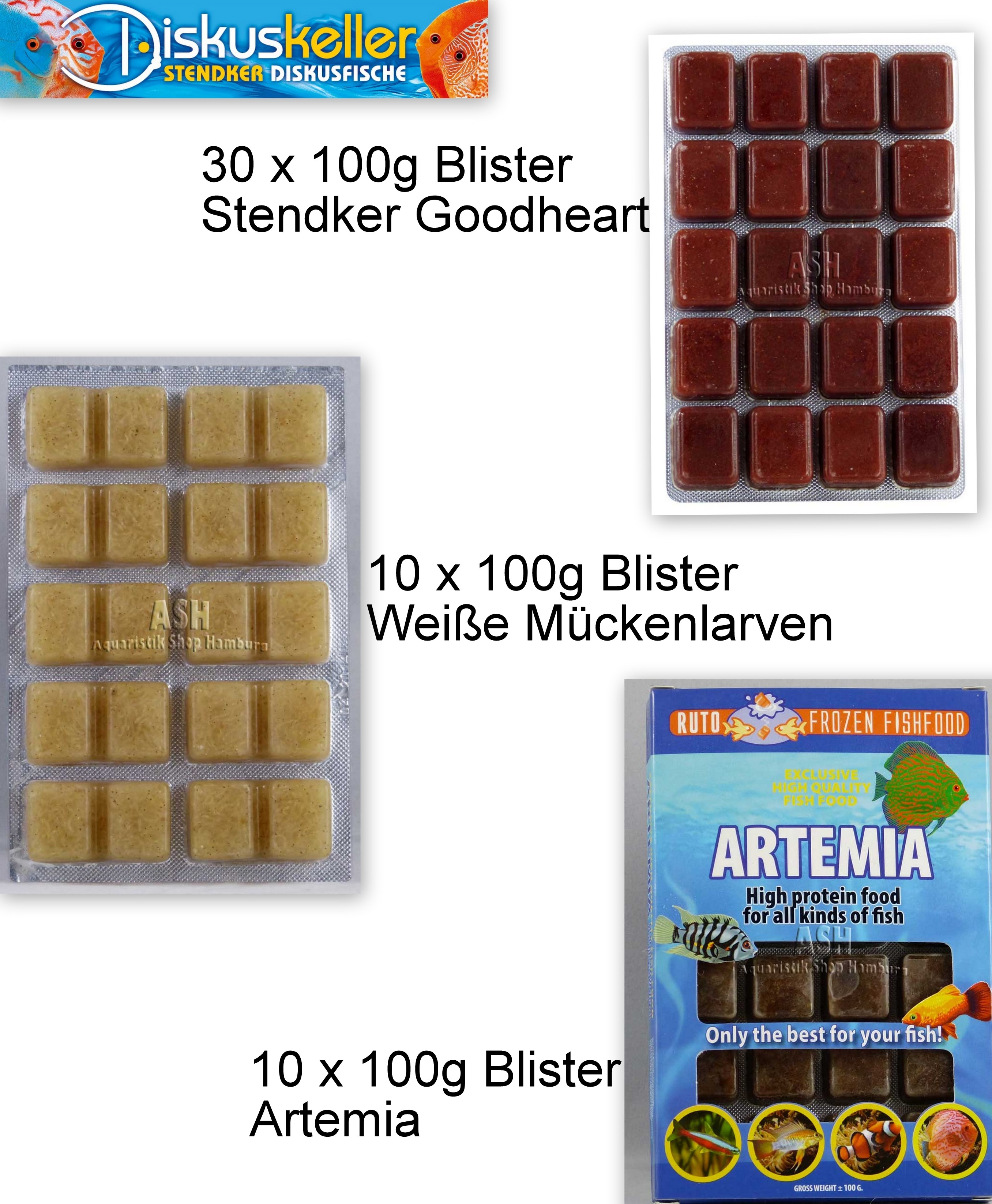 30 x Stendker GoodHeart + 10 x Weiße Mückenlarven + 10 x Artemia á 100g Blister Sparpaket