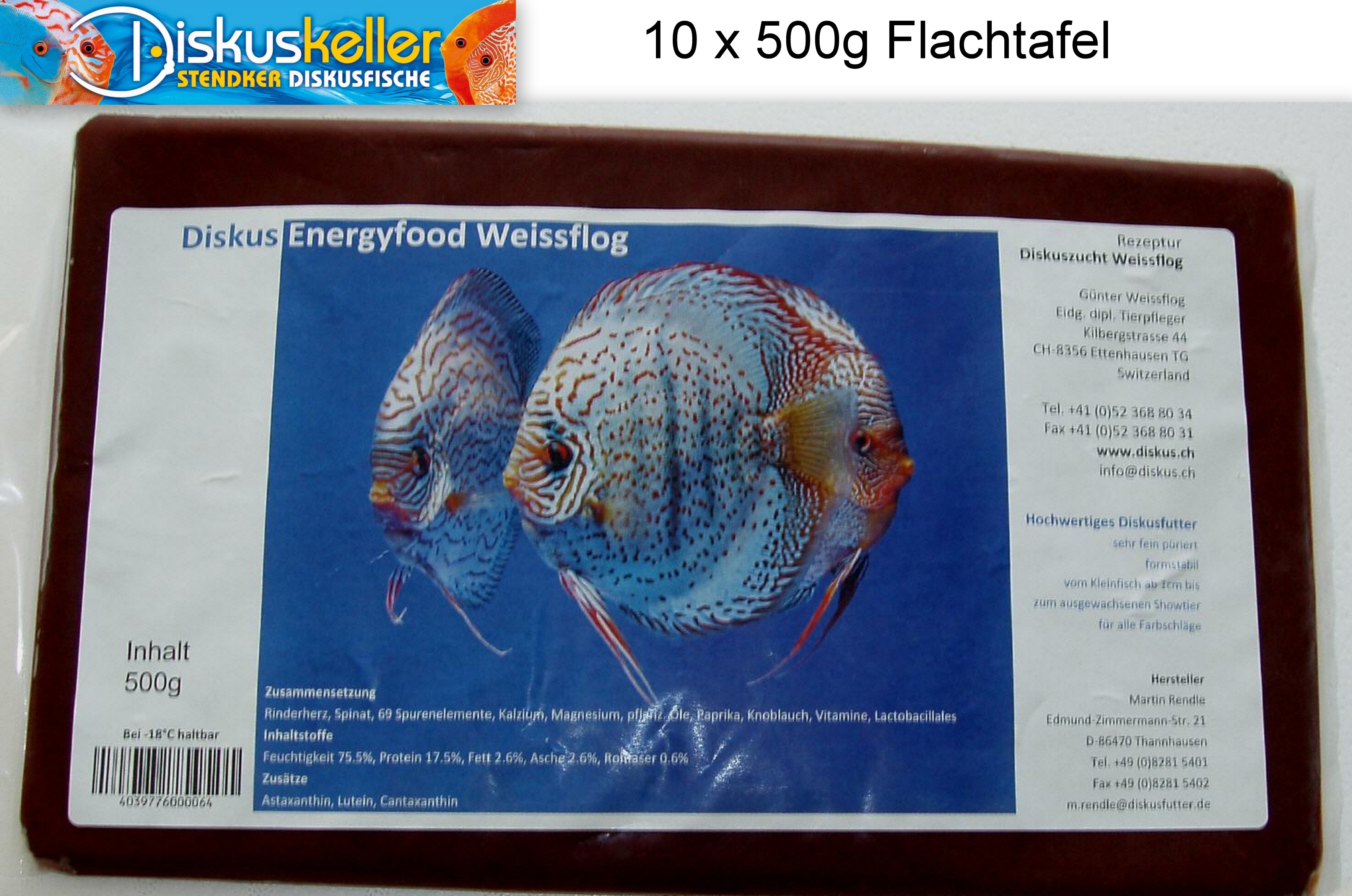 10 x Rendle`s Diskus Energyfood Weissflog 500 g Flachtafeln